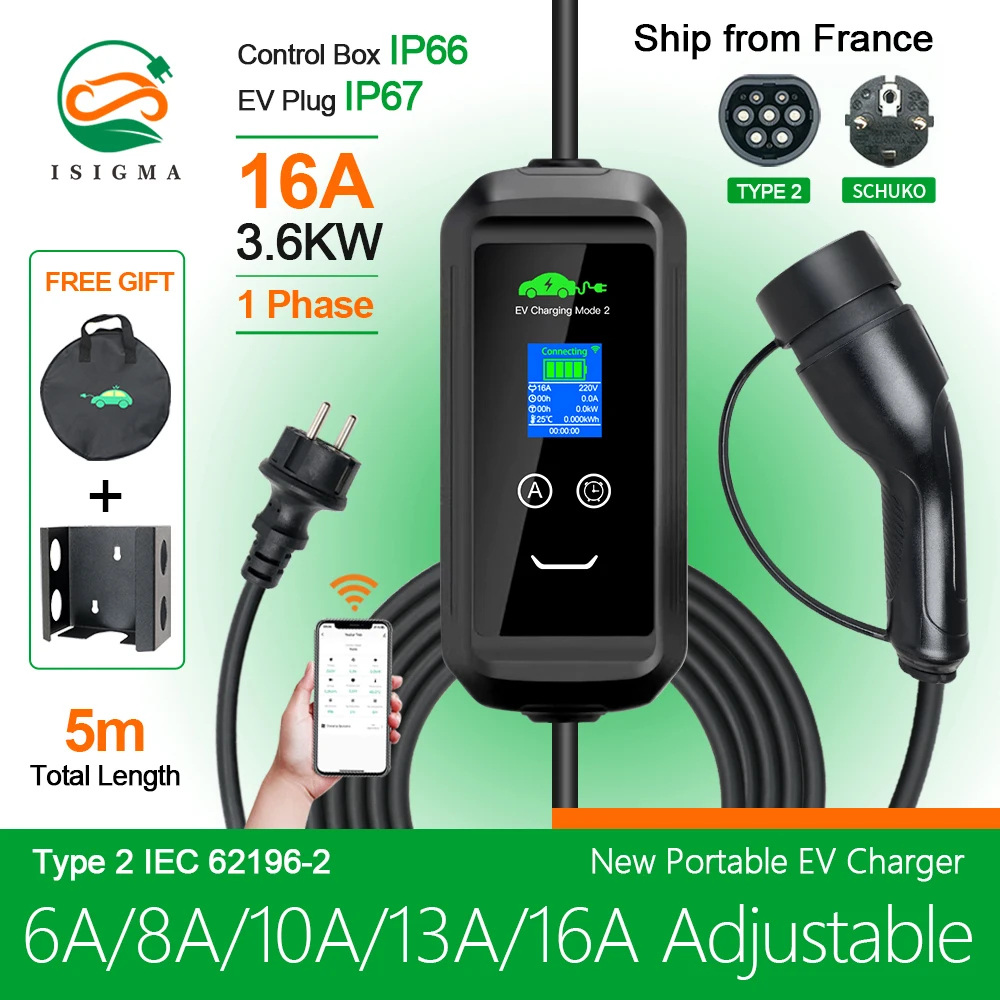 Isigma Portable EV Charger Type2 IEC62196-2 16A 3.6kw Tuya APP EVSE Charging Cable Plug Wallbox for Electric Car