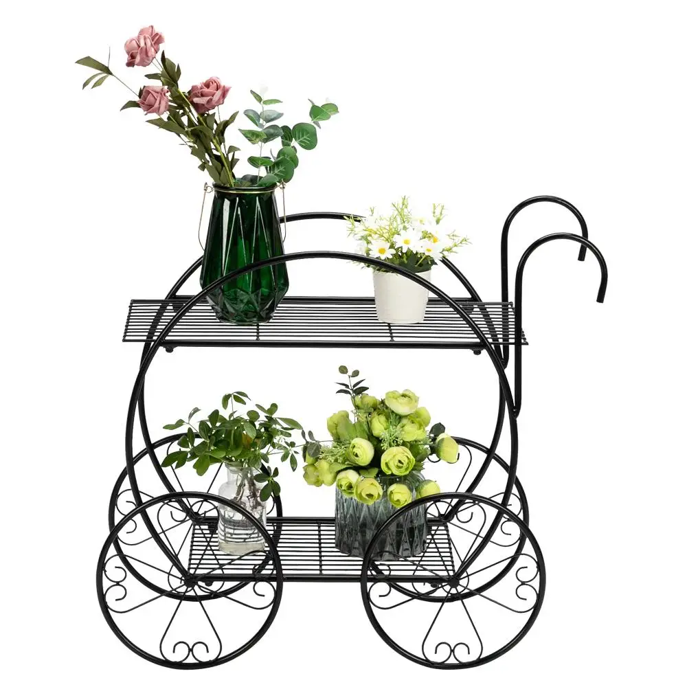 2-Tier Black Plant Stand with Handle - Stylish Cart Shape for Indoor/Outdoor Use