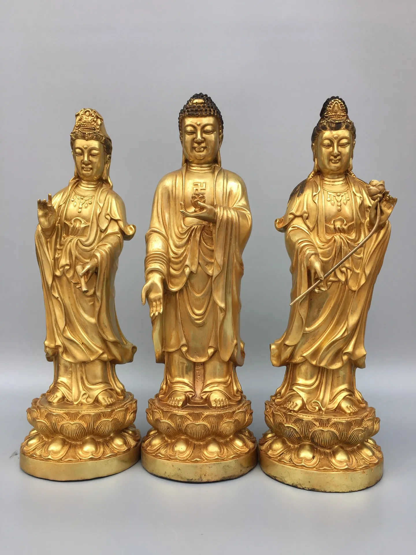 

14"Tibet Temple Collection Old Bronze Gilding Three Sages Guanyin Sakyamuni Amitabha Buddha Worship Hall Town house Exorcism