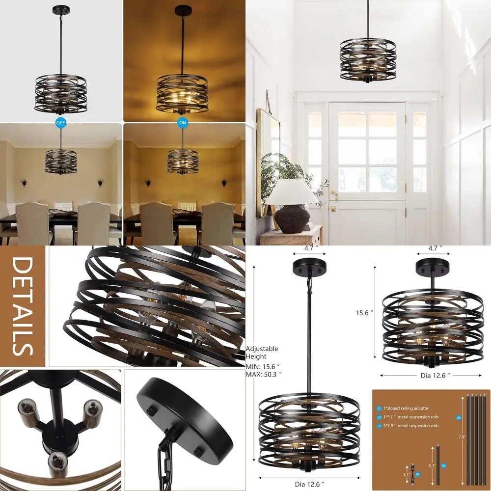 

Подвесной светильник в деревенском стиле с 3 лампами, металлический, в индустриальном стиле, для столовой, кухни, прихожей или спальни, с черными элементами из ретро-дерева