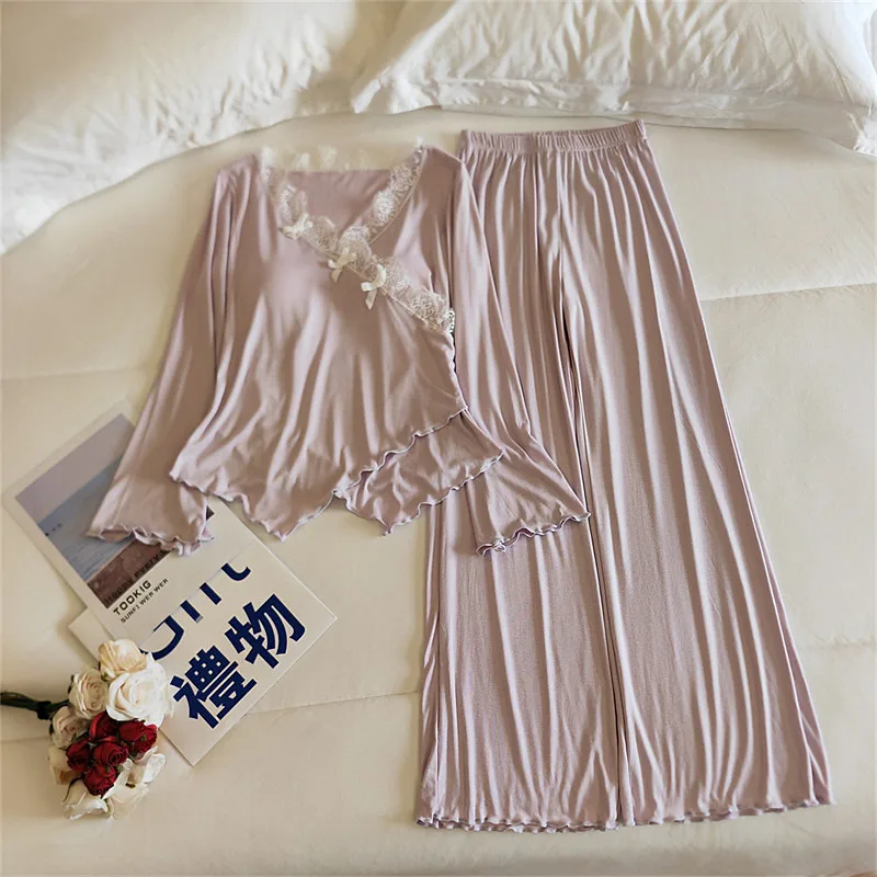 French Princess Pajamas Sexy Chest Pad Two Piece Set For Women Autumn Winter Sleepwear For Sleeping Clothes Modal Home Wear