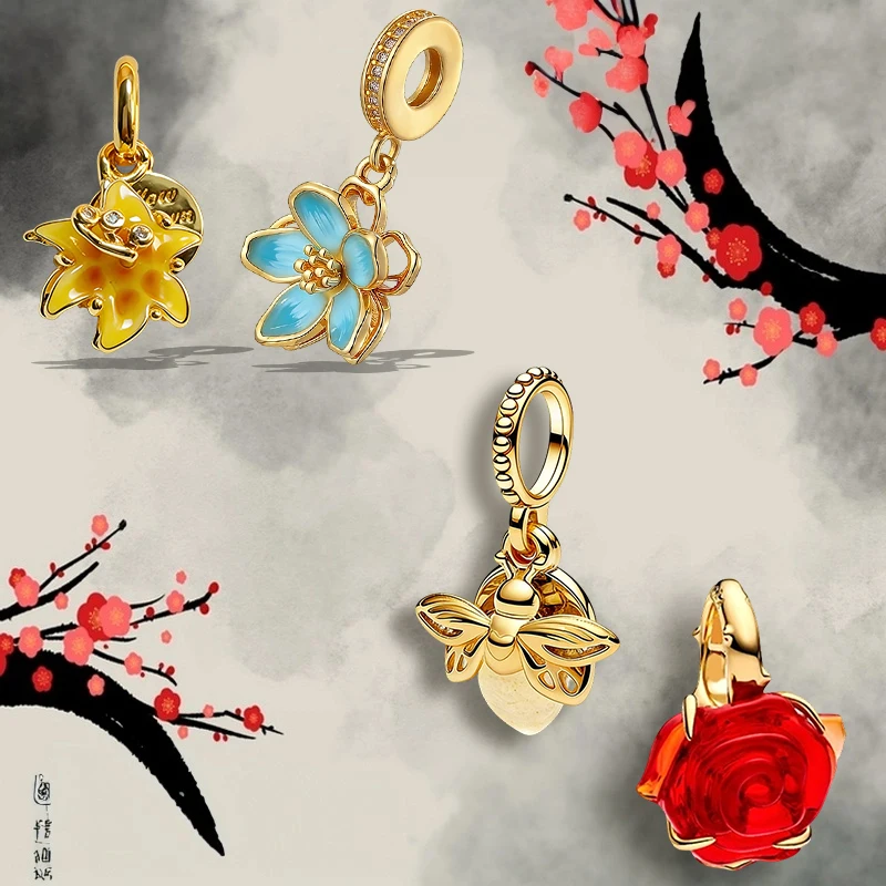 

New Original Charms Beads Sparkling Cherry Blossom Dangle&Glow-in-the-dark Firefly Beads Fit Pendant Bracelet Women Jewelry Gift