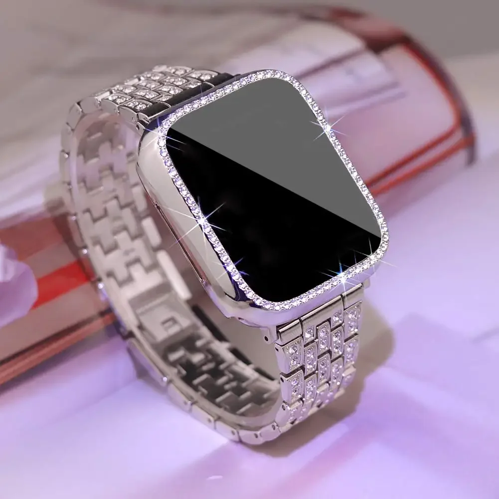 Bandes de diamant + couvercle pour boîtier de montre apple série 10 42mm 46mm 41/45mm bracelet + protecteur d'écran + pare-chocs iWatch 9 8 7 6 5 4 40/44mm