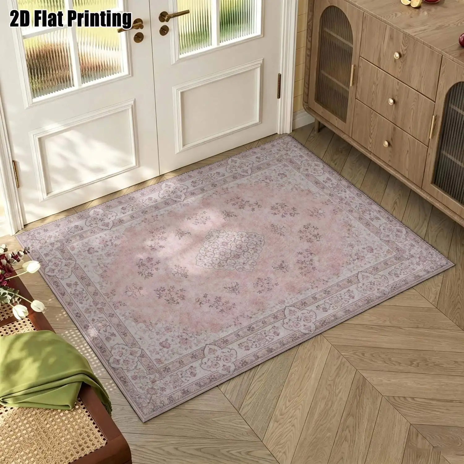 1Pc 2D Printed Pink Floral Retro Pattern Carpet: European Vintage Geometric Floor Mat, Multi-Size, Machine Washable, for Entrance, Living Room, Bedroom, Dining Room & Foyer Home Decoration