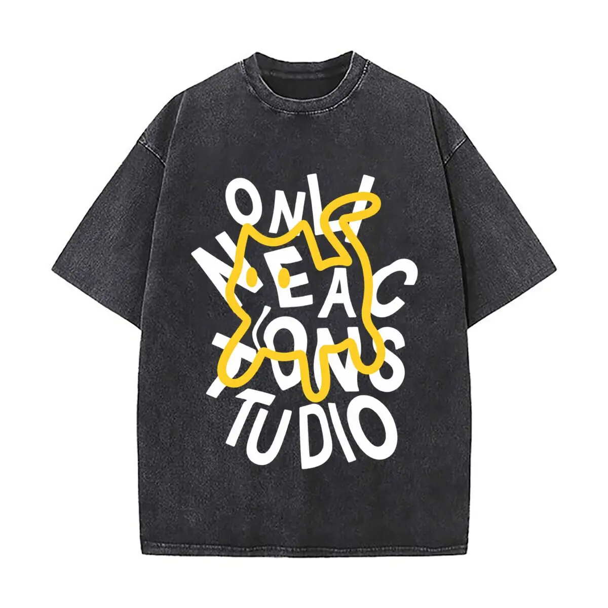Cute Yellow Tooth Cartoon Outline Design Distressed Faded Baggy Streetwear Tops for Park Hangouts