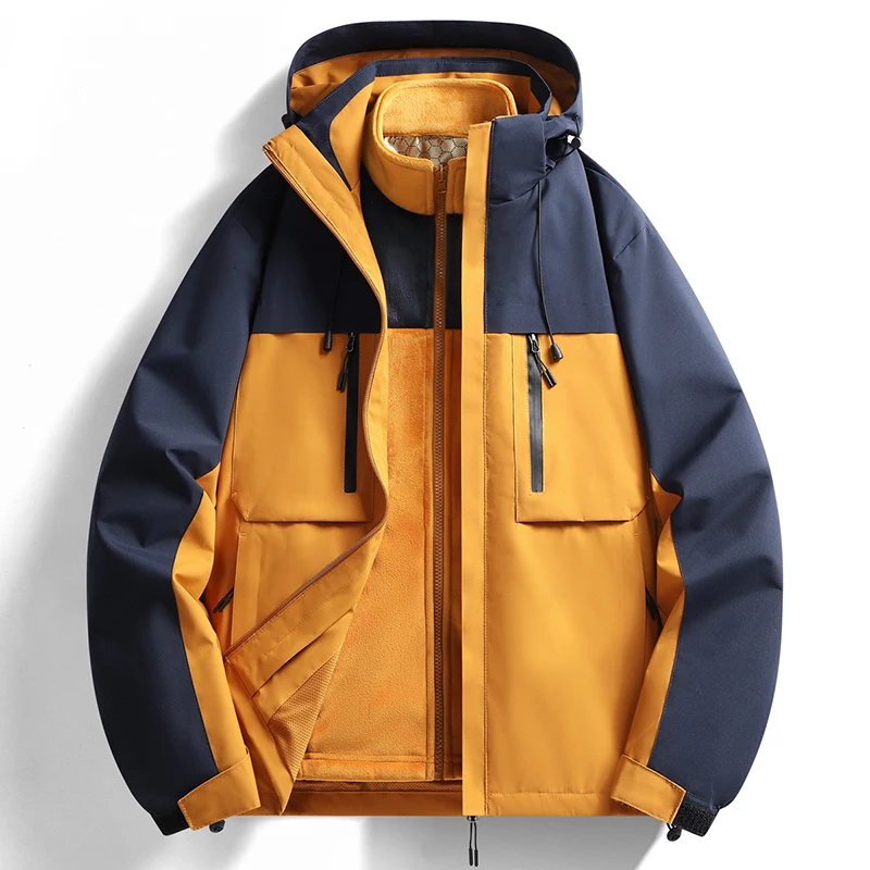 

Luxury Man Interchange Jacket Two-Piece Set Detachable Fleece-Lined Thickened Hooded Mountaineering Clothing Windproof Warm Tops