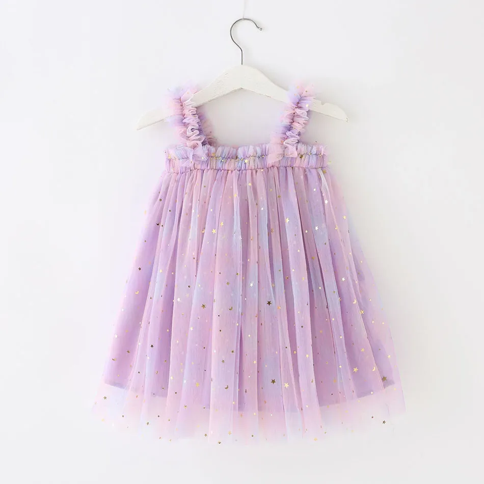 New Fashionable for Girls Sequins Stars Rainbow Strap Tulle Puffy Skirt Casual Dresses Princess Dress for Baby Memorable Events