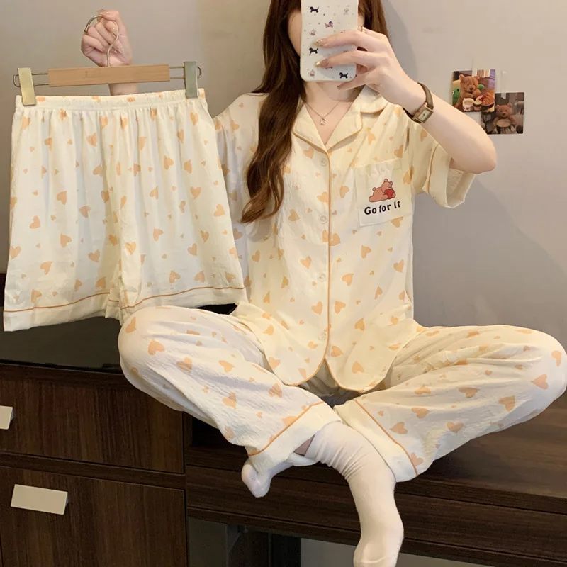 

High-Color Value Love Bear Clouds Cotton Short-Sleeved Pajamas Female Summer New Cute Wind Homewear Three-Piece Summer Clothing