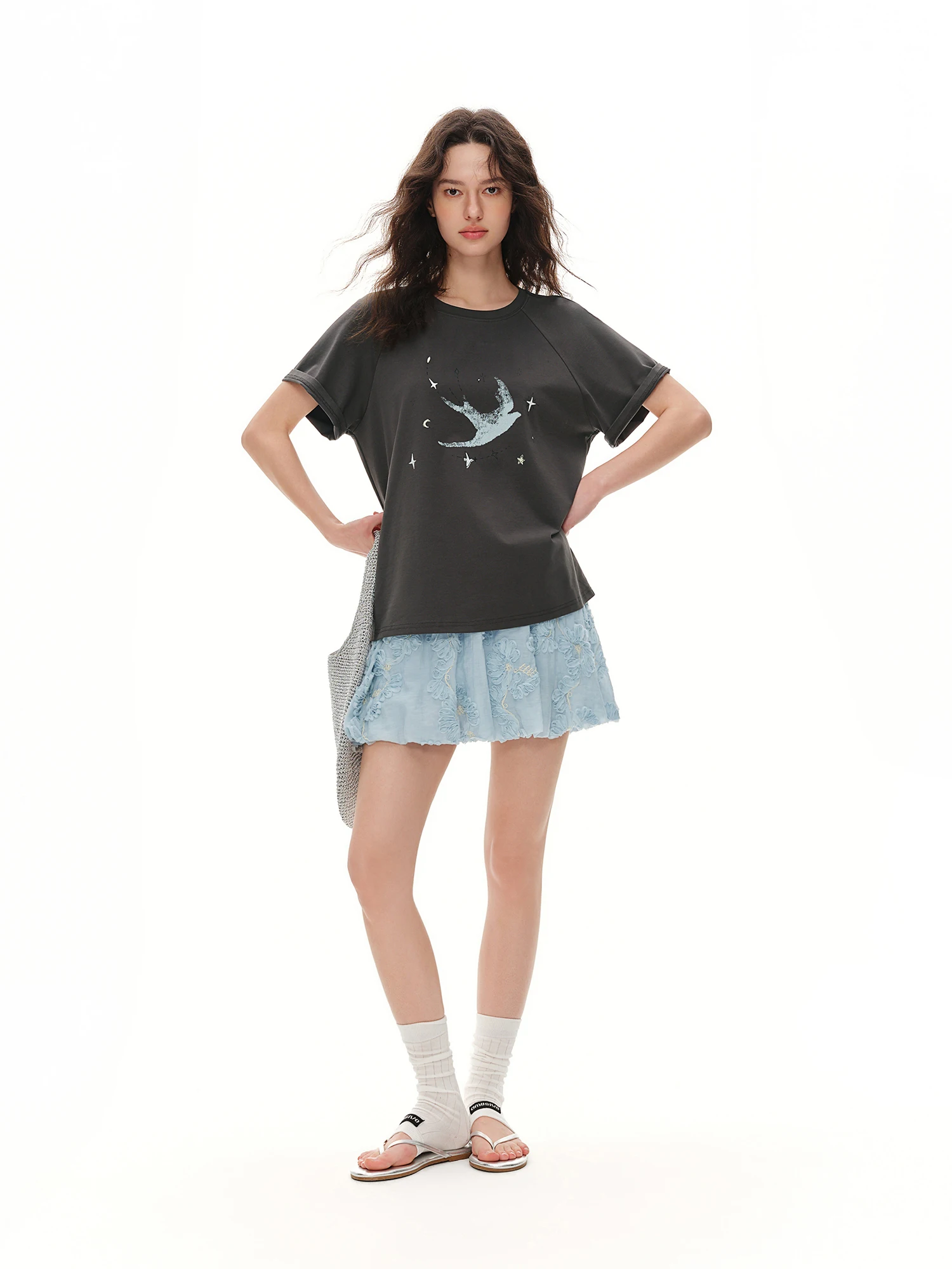 DUSHU 2026 Summer Women's Printed Raglan Sleeve T-Shirt Round Neck and Relaxed Fit - Effortlessly Chic for Daily Casual Wear