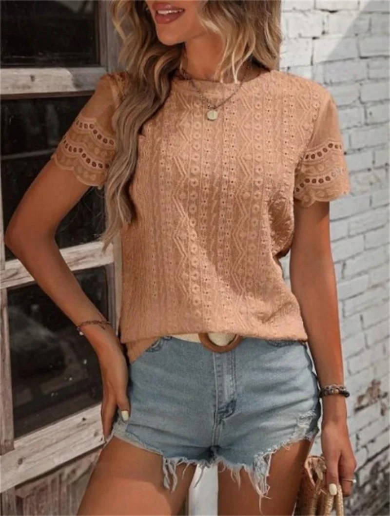 Fashion Embroidered Eyelets Shirt Women Simple Style Solid Color O Neck Pullover Blouse Female Comfortable Casual Commuter Tops