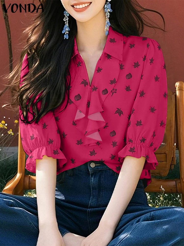 

Летняя женская блузка с коротким рукавом и лацканами, модная VONDA с оборками, рабочие женские блузки с принтом, топы, уличная одежда, Blusas, туника большого размера