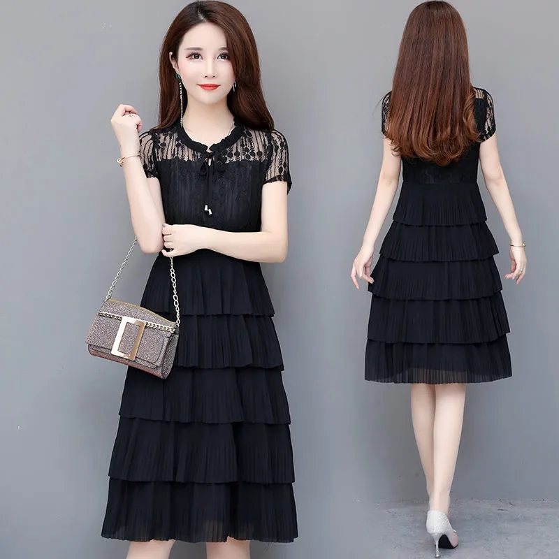 Casual Dress Female 2023 Summer New Korean O Neck Short Sleeve Cake Dress Combination Mid length Solid Chiffon Dress Female Tops