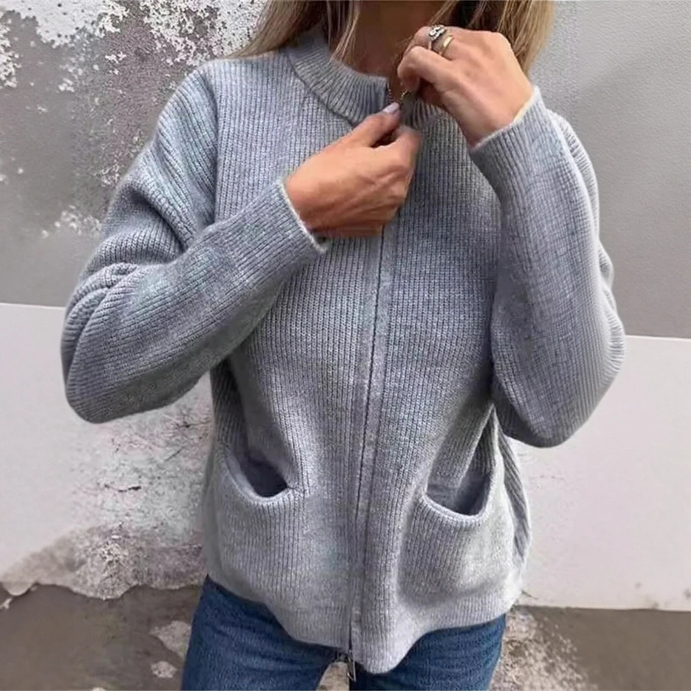 

Женская осенняя куртка, модная однотонная куртка с длинным рукавом, круглым вырезом, отдельными карманами на молнии, верхняя одежда для повседневного использования