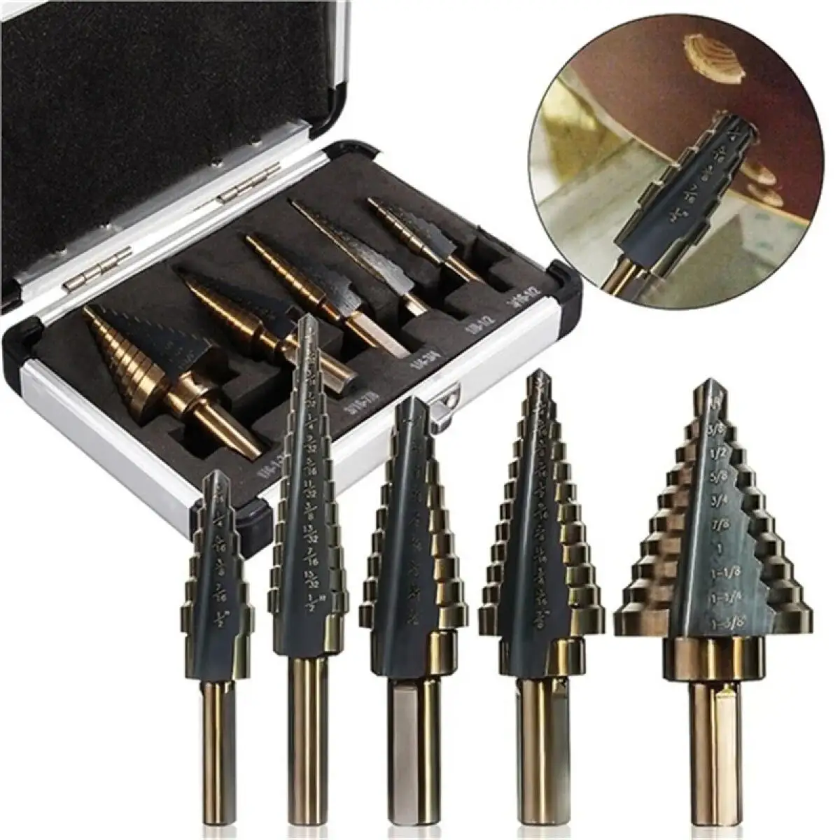 5pcs  Cobalt Step Drill Bit SetHSS Multiple 50 Sizes Titanium Coated Conical Hole Cutter Punch Tool for Stainless Steel Iron Sheet Metal Wood Drilling Hardware with Aluminum Case