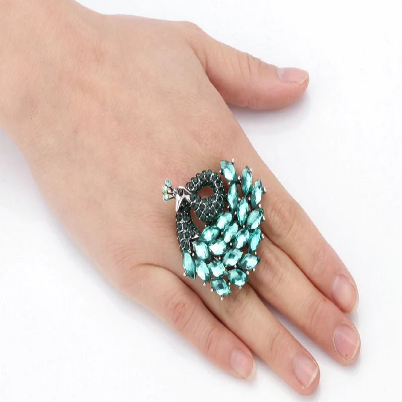 Peacock stretch ring for women antique gold & silver color W crystal jewelry gifts 9 wholesale dropshipping