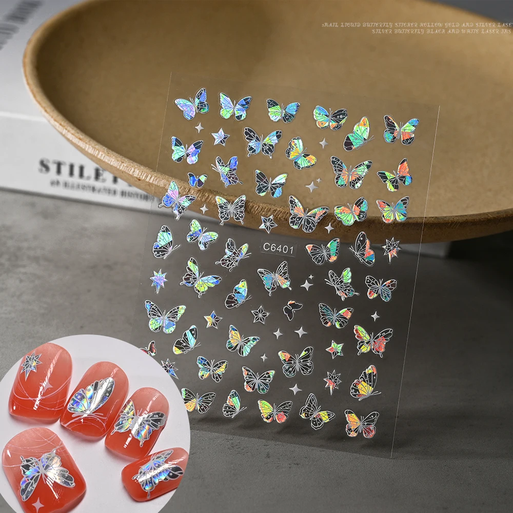 1pc Laser Butterfly Nails Stickers 3D Holographic Shiny Sliver Gold Design Fairy Fluidic Butterflies Stars Manicure Decals #NK
