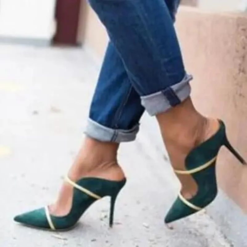 

Green Suede Pointy Toe High Heel Mules Double Straps Slip On Shoes Summer Womens Shoes Slingback High Heel Celebrity Shoes
