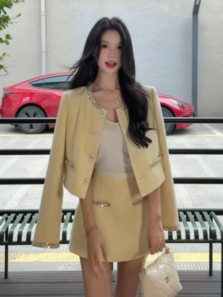 

Высококачественная милая модная твидовая юбка из двух предметов, женская роскошная куртка с бриллиантами, пальто + мини-юбка, комплекты из 2 предметов, женский наряд