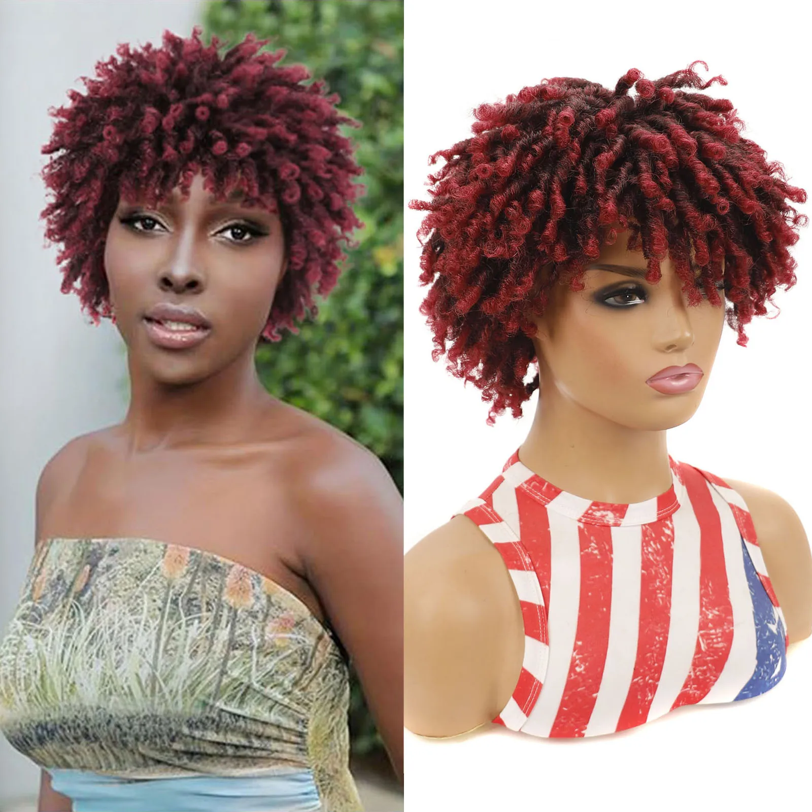 Synthetic Wig for Women Short Curly Hair Wigs for Black Women Afro Colly Wig Red Wine Burgundy Cosplay Costume Wigs