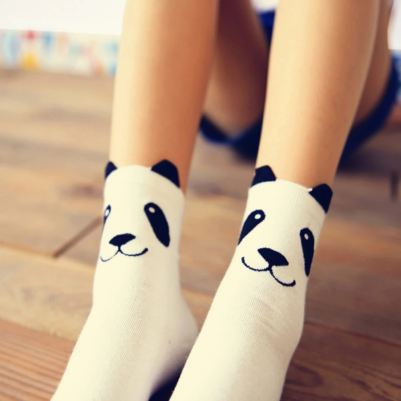 Black White Gray Girls Warm Cute Cartoon Panda 3D Eared Socks Funny Cute Harajuku Hipster Bear Animal Sokken