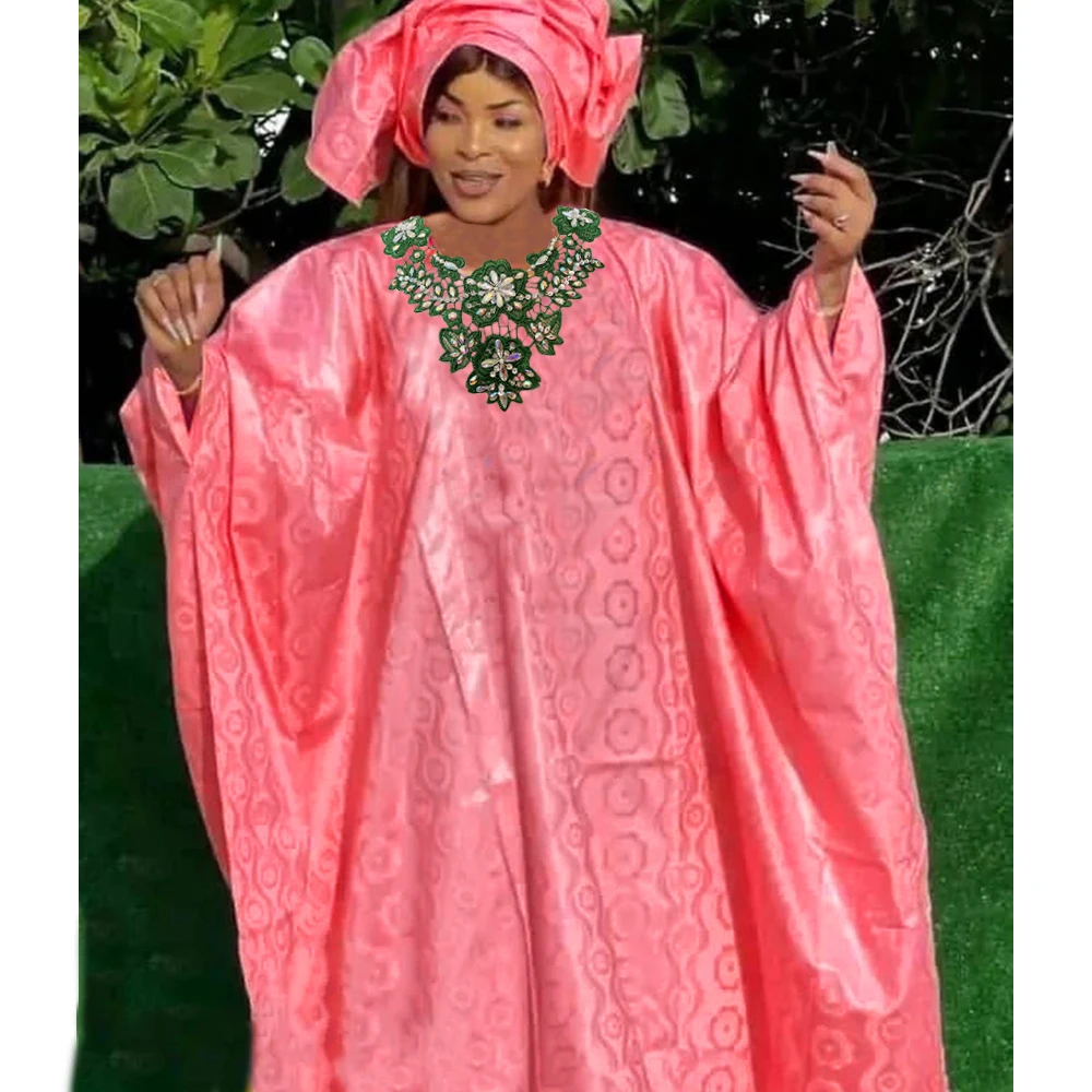 Pink Bazin Riche Long Dresses For African Women Traditional Wedding Party Clothing 2024 Top Quality Bazin Riche Original Robe