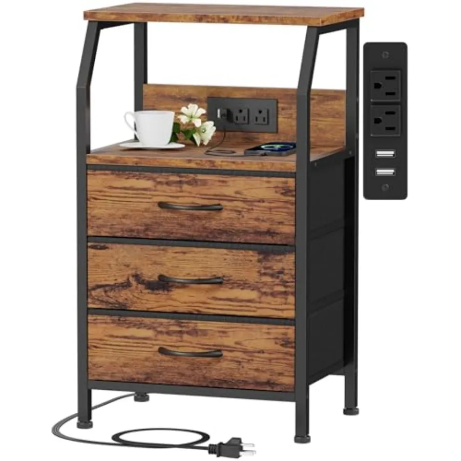 

Прикроватная тумбочка с зарядной станцией, USB-портами и розетками, высотой 28,3 дюйма, с деревянной полкой и тканевой обивкой