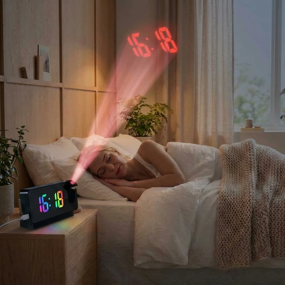 Digital Projection Alarm Clock Rotatable Ceiling/Wall Projector Indoor Temperature for Bedrooms Office Bathroom Smart Home Decor