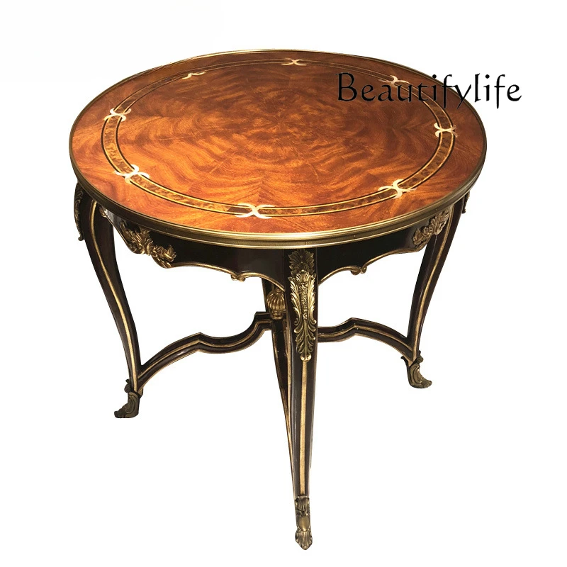 European-style corner villa classical solid wood edge small end view table brass carved round table