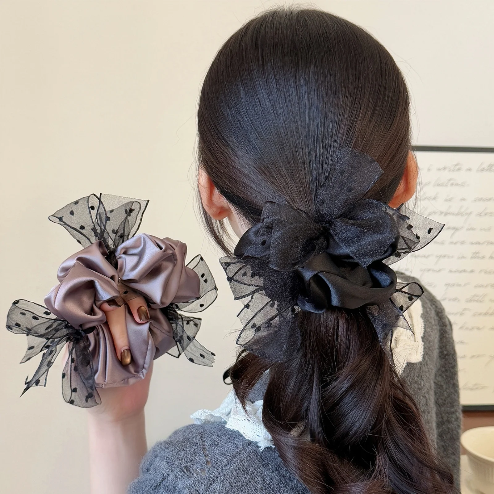 Chouchous en Satin noir et gris, décor avec nœud en Tulle à pois, attaches de cheveux élégantes de Style rétro pour femmes, fête élégante à usage quotidien, 1 pièce