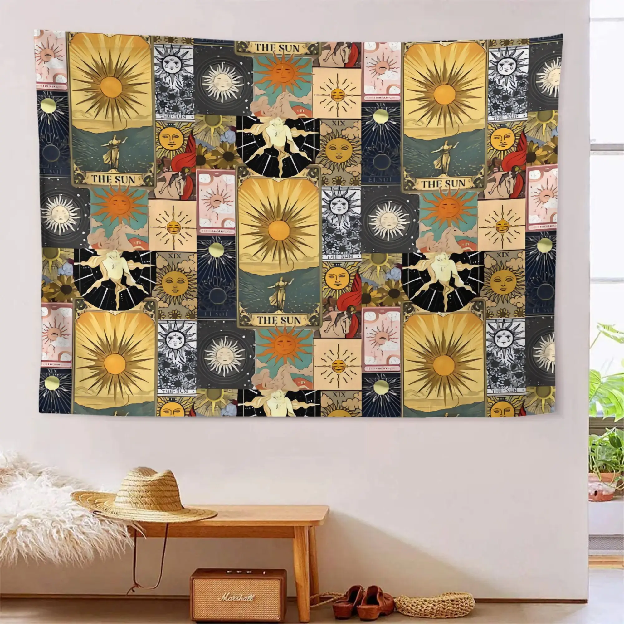 Vintage Tarot Sun Wall Tapestry, Patchwork The Sun Tarot Cards, Antique Celestial Art, Mystic Boho Hanging Decor for Living Room