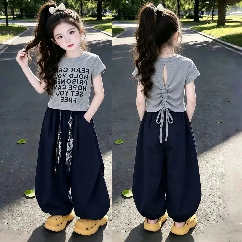 Girls' summer new short-sleeved suit children's clothing Medium and older foreign-style printed casual pants two-piece set