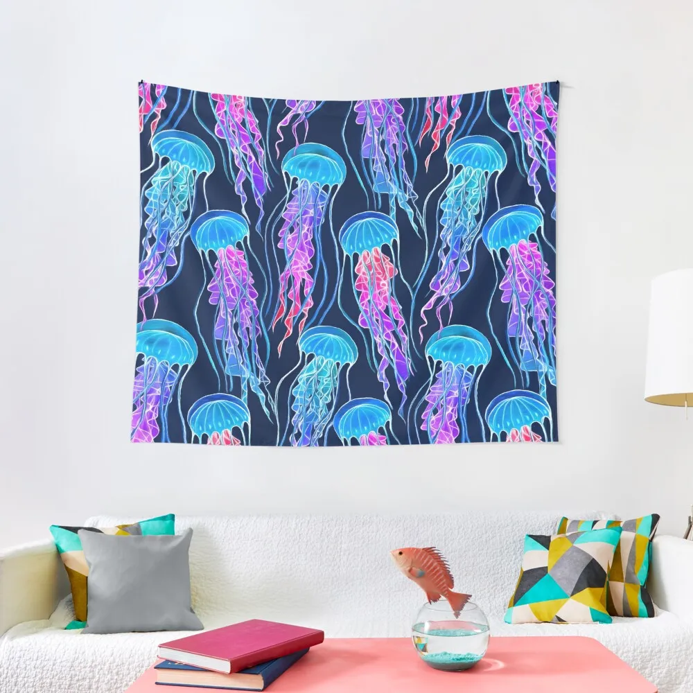 Luminescent Rainbow Jellyfish on Navy Blue Tapestry Aesthetic Decoration Wall Hangings Decoration Tapestry