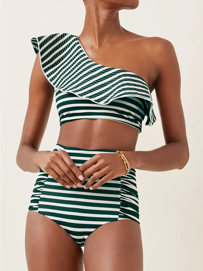 Women\'s Striped Print Ruffle Split Swimsuit One Shoulder Beach Exit Swimwear High Waist Bathing Suits Sexy Backless Style 2023