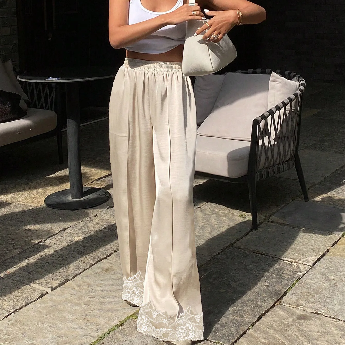 

Женские атласные шелковые брюки с кружевной отделкой 2026 года в стиле Y2K, с эластичным поясом, широкими штанинами, для дома и отдыха, модные повседневные брюки-боксеры