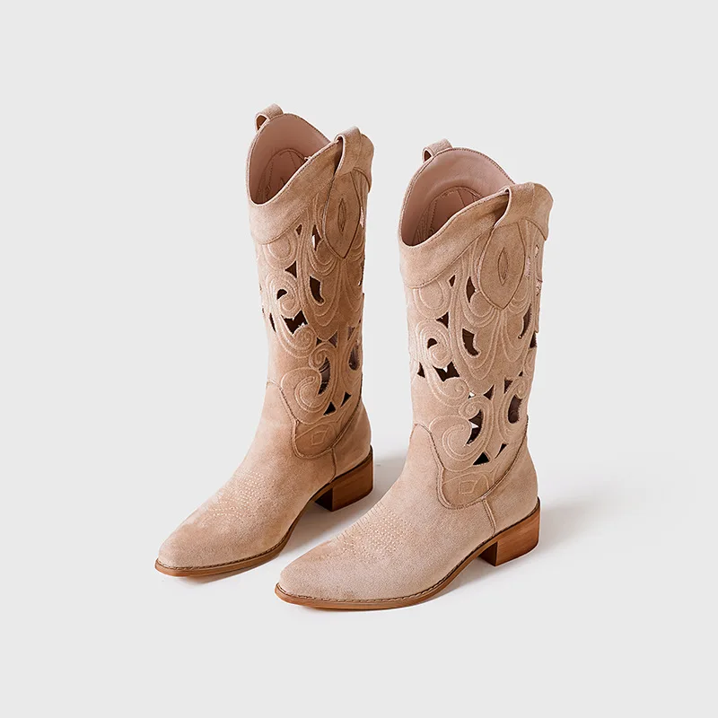 Western Style Embroidered Leather Boots V-Notch Women Breathable Summer Boot Plus Size Wide Calf Hole Hole Cowboy Boots Fashion