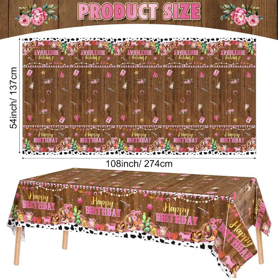 3개 세트 카우걸 생일 테이블보 서부 플라스틱 테이블 커버 일회용 직사각형 핑크 카우 테이블보 와일드 웨스트 서부용