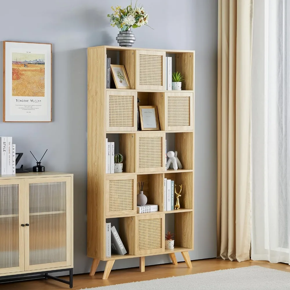 Natural Rattan Bookcase, Wooden 5 Shelf Bookcase with Rattan Sliding Doors, Office Display Cabinet, Creative Display Bookcases