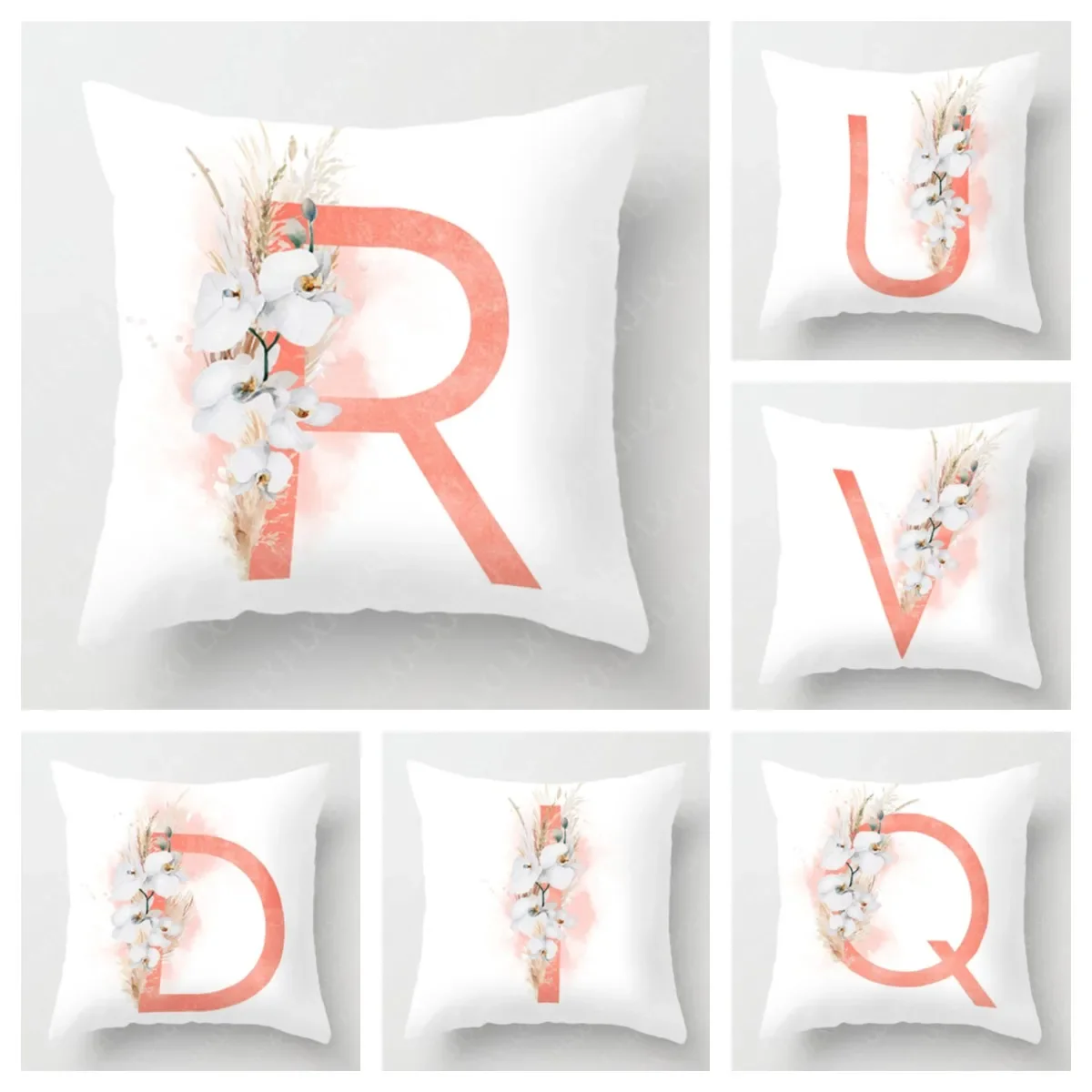 White orchid and pampas grass orange red 26 letter cushion cover letter art decoration pillowcase square short plush pillowcase