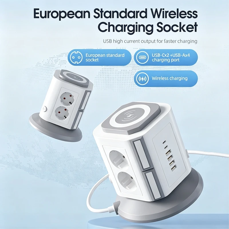 12-in-1 Multi-functional Vertical Socket with 15W Wireless Charger 6 AC Sockets + 4 USB-A Household Multi-Outlet Tower Power