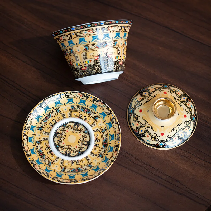 Tangka gold-plated hoverable three talent covered bowl, high-end rotating tea bowl, Kung Fu tea set, Chinese court style, and re