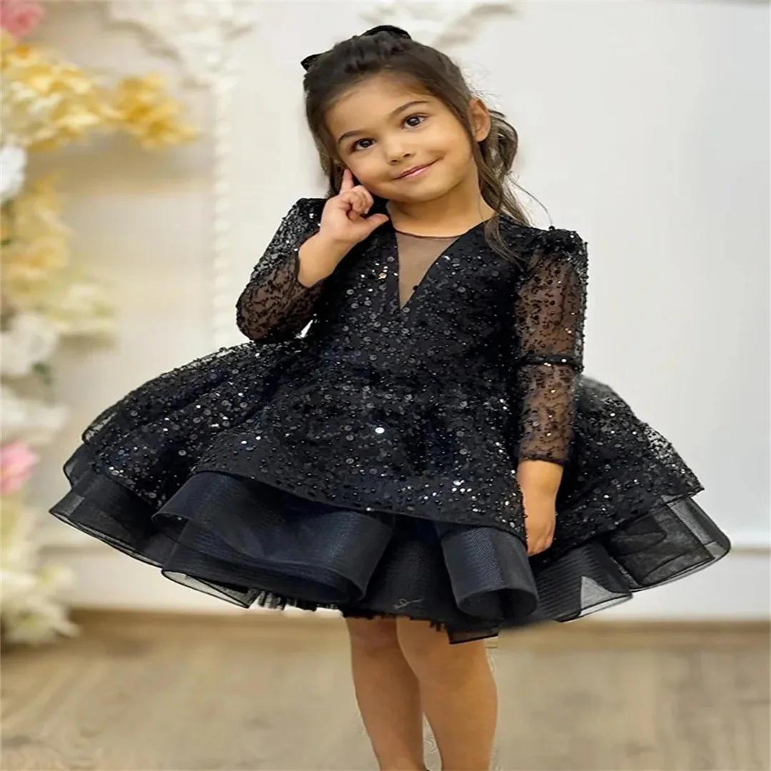 تخصيص كم طويل أبيض تول منتفخ المتدرج زهرة فتاة فساتين الزفاف عيد ميلاد الترتر للحزب مأدبة الأميرة العباءات #4