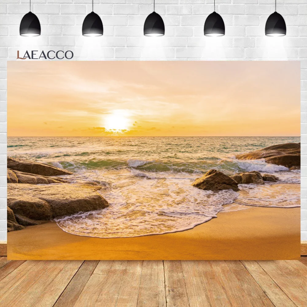 

Laeacco Sea and Beach Seaside Photo Backdrops Dusk Sunset Waves Summer Holiday Kids Adults Portrait Photography Background