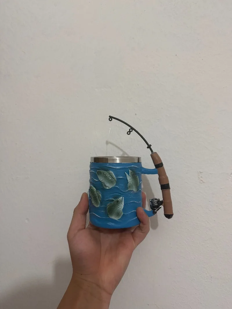 Novelty Fishing Rod Handle Ceramic Cup with 3D Fish Relief and Stainless Steel Liner, Unique Gift for Fisherman