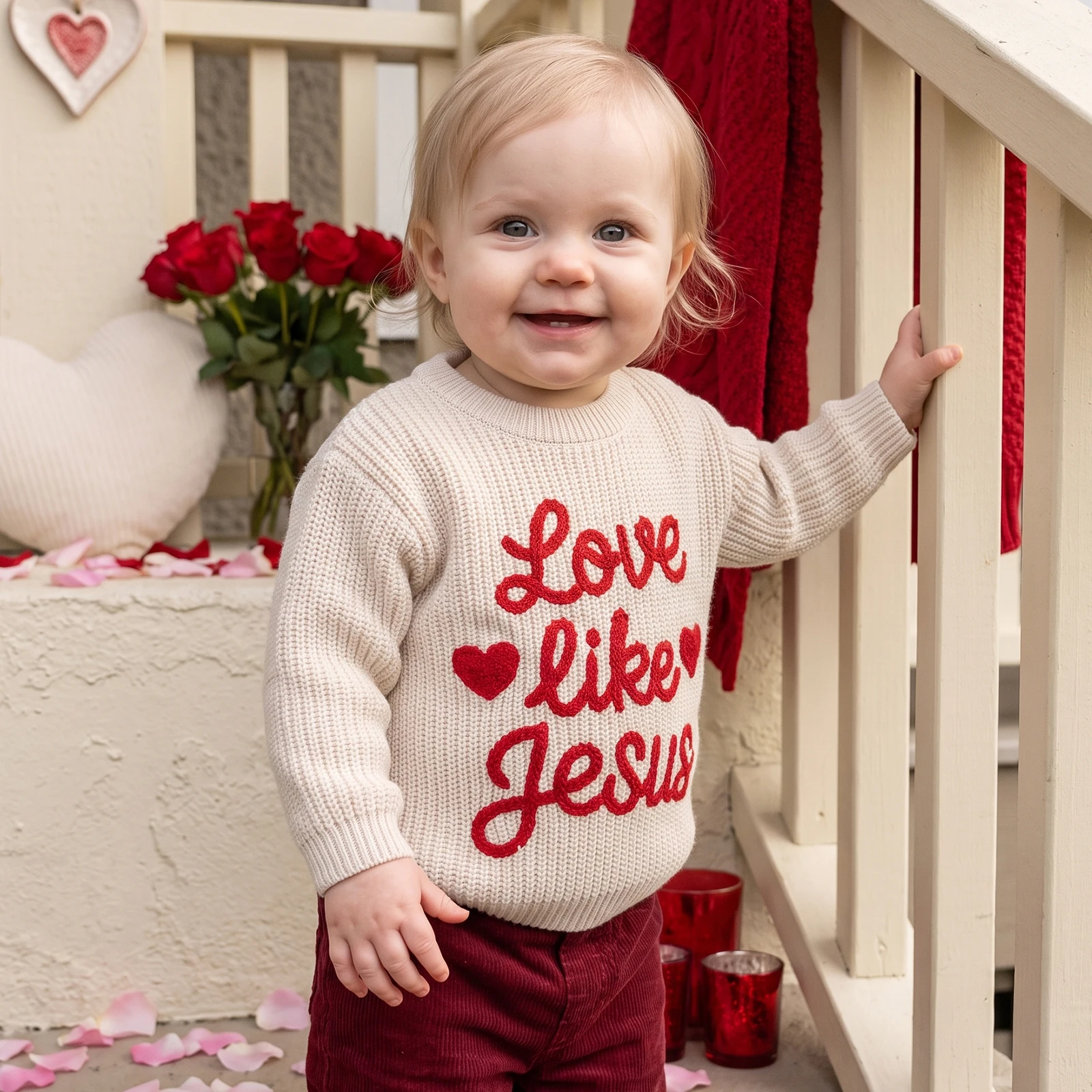 Toddler Baby Valentines Sweater Letters Embroidery Long Sleeve Knit Tops
