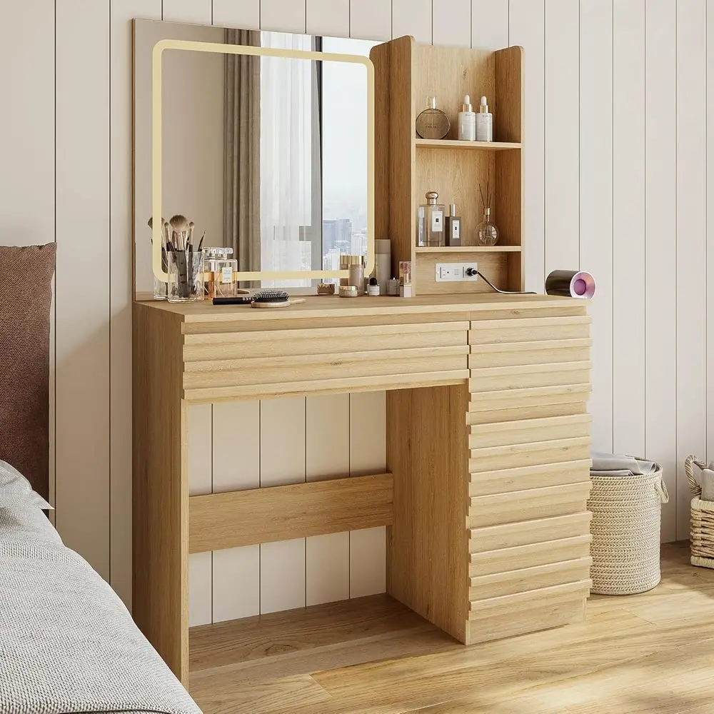 Oak Wood Makeup Vanity Table with HD Mirror, Lights, 4 Drawers, Open Shelves, and Built-in Charging Station