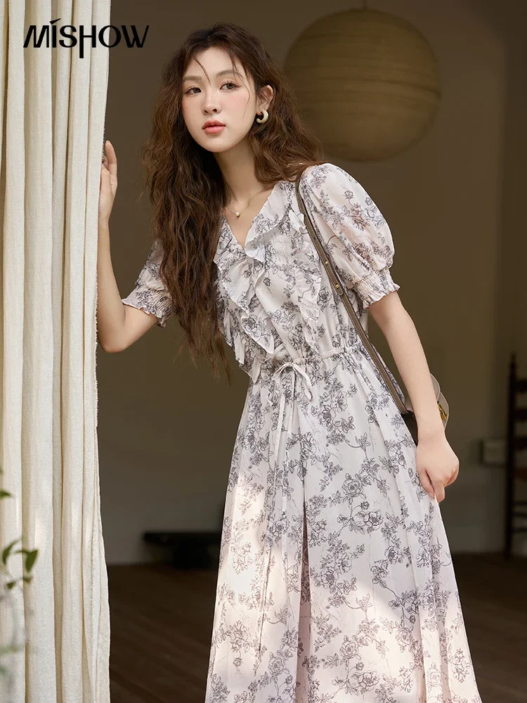 MISHOW V-neck Puff Sleeve Floral Dress for Women Summer Retro Waist Drawstring A-LINE Long Tea Break Dresses MXC37L1513