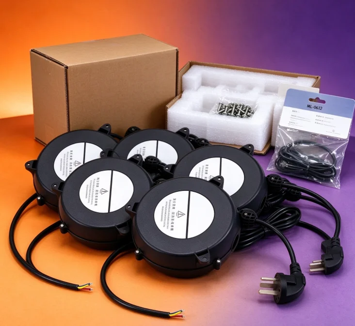 ML-0612 Retractable customized extension power cord reel with plug, automatic rewinding power supply for equipment and workshop