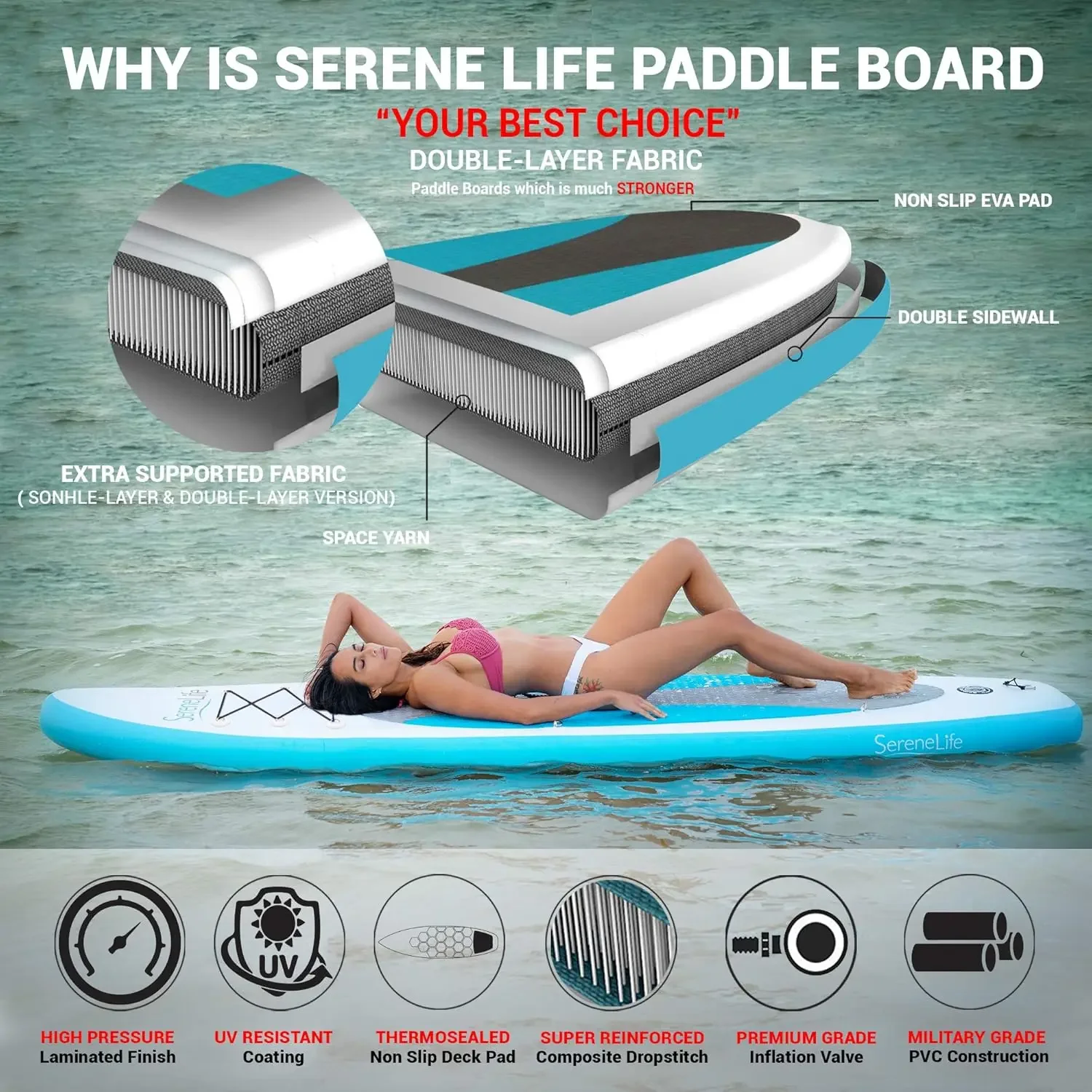 Tabla de Paddle inflable, diseño amplio y estable, cubierta antideslizante para adultos y jóvenes con accesorios de tabla de Paddle Premium