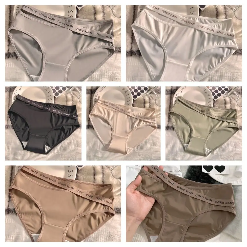Smooth Letter Ice Silk Panties Ultra Thin Soft Middle Waist Briefs Japanese Style Cotton Crotch Seamless Lingerie Girls