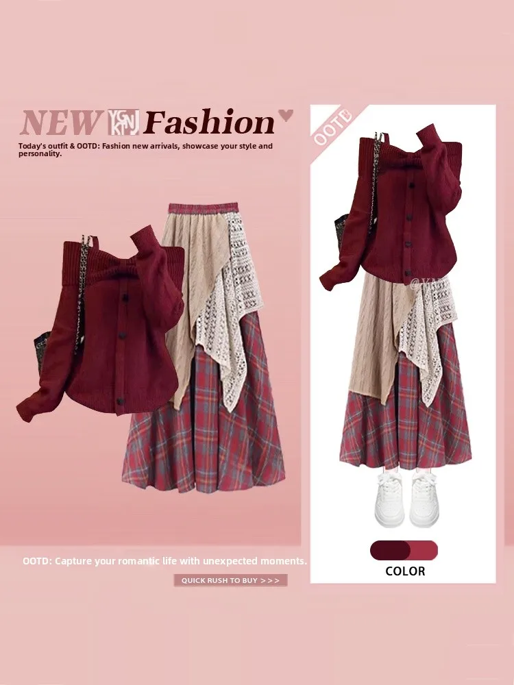 

Bordeaux Aosphere n Knot One oulder Knitted Sweater Plaid f Skirt Set Women's Faion Ensemble